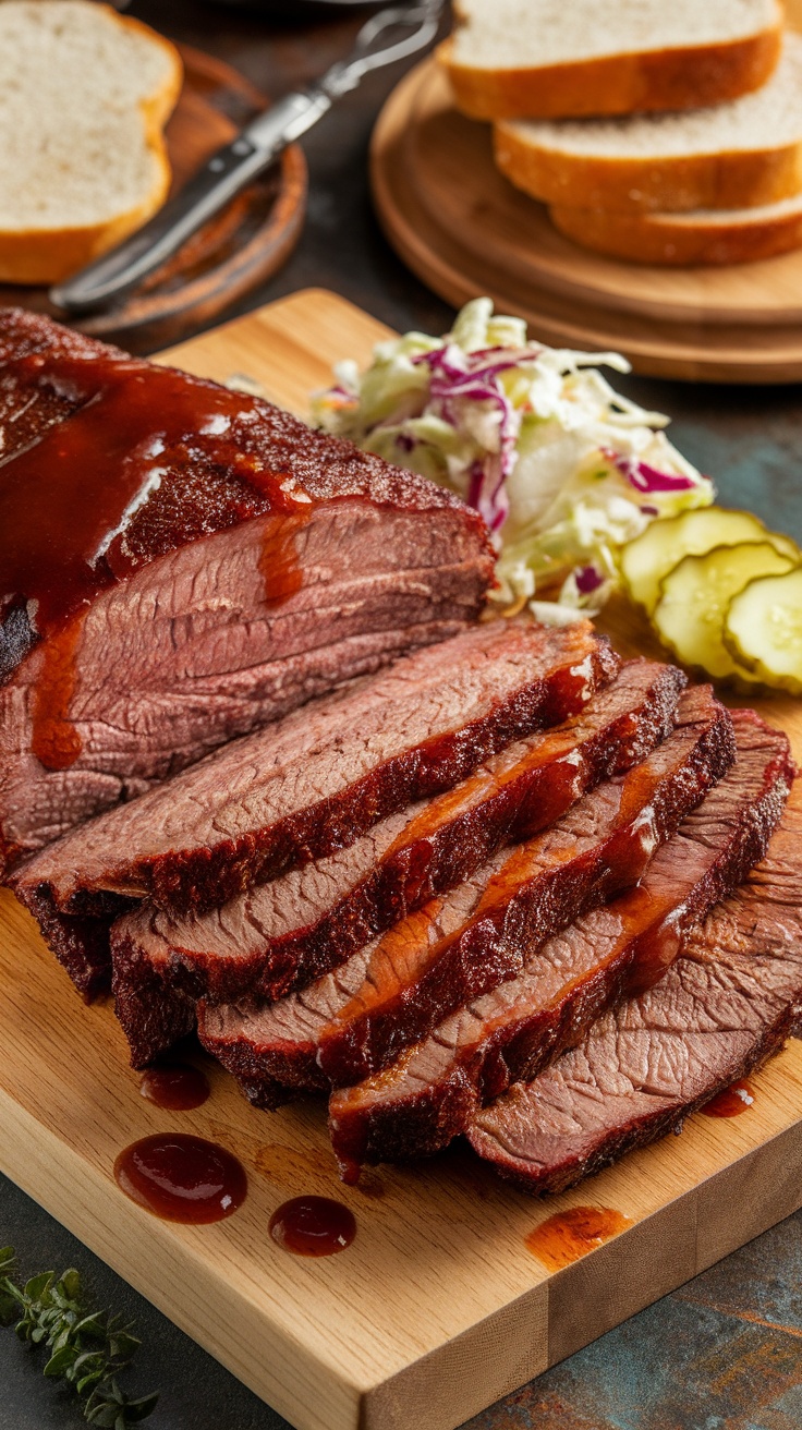 Tender BBQ Beef Brisket slices on a wooden board, garnished with BBQ sauce, coleslaw, and pickles.